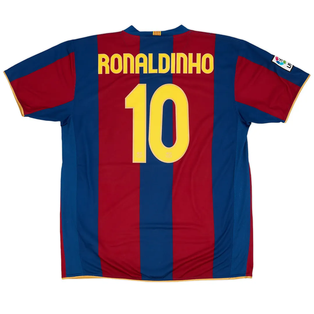Barcelona 2007-08 Camp Nou 50th Anniversary Home Shirt – Ronaldinho 10 in blue, red