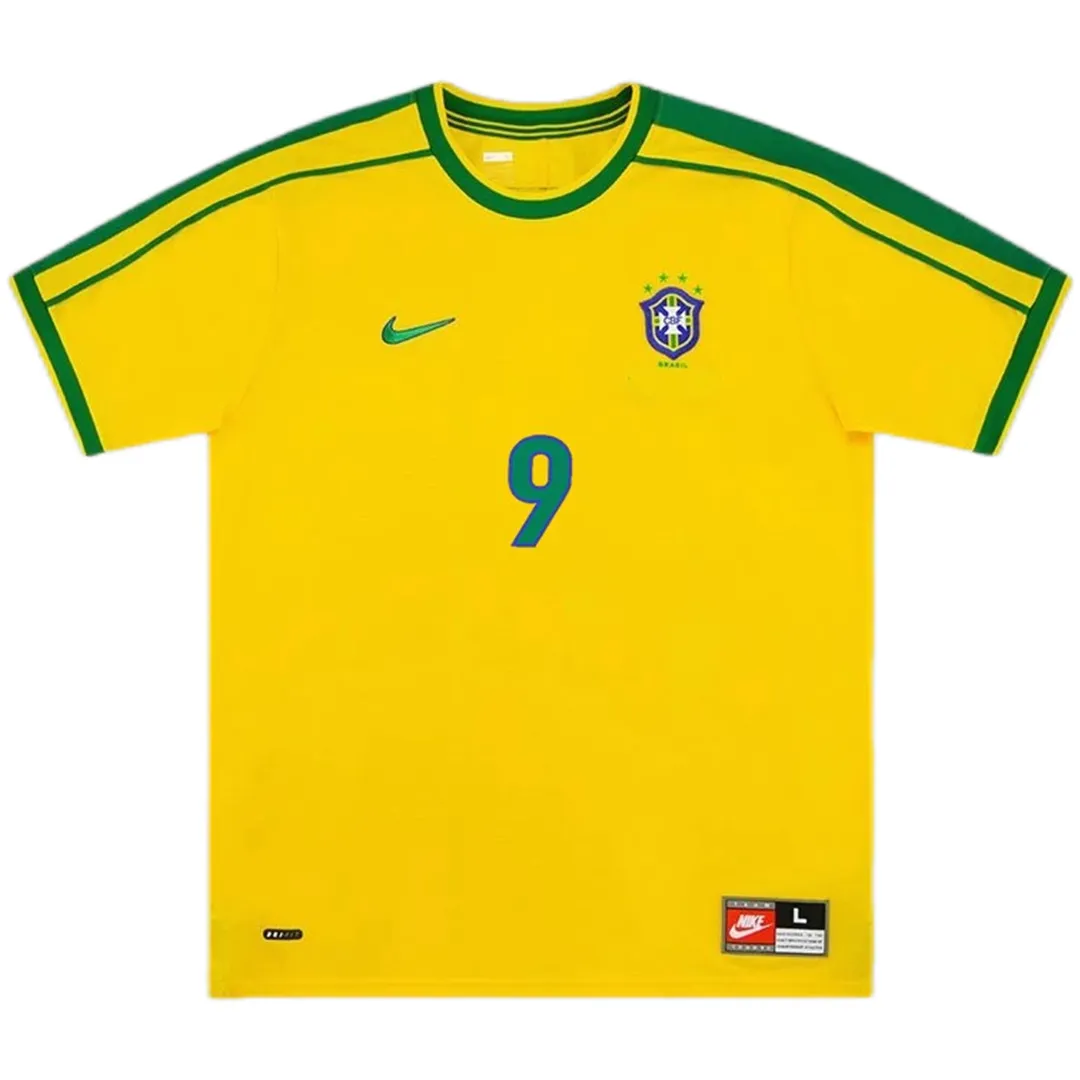 Brazil 1998 World Cup Home Shirt – Ronaldo 9 in yellow, green view 2