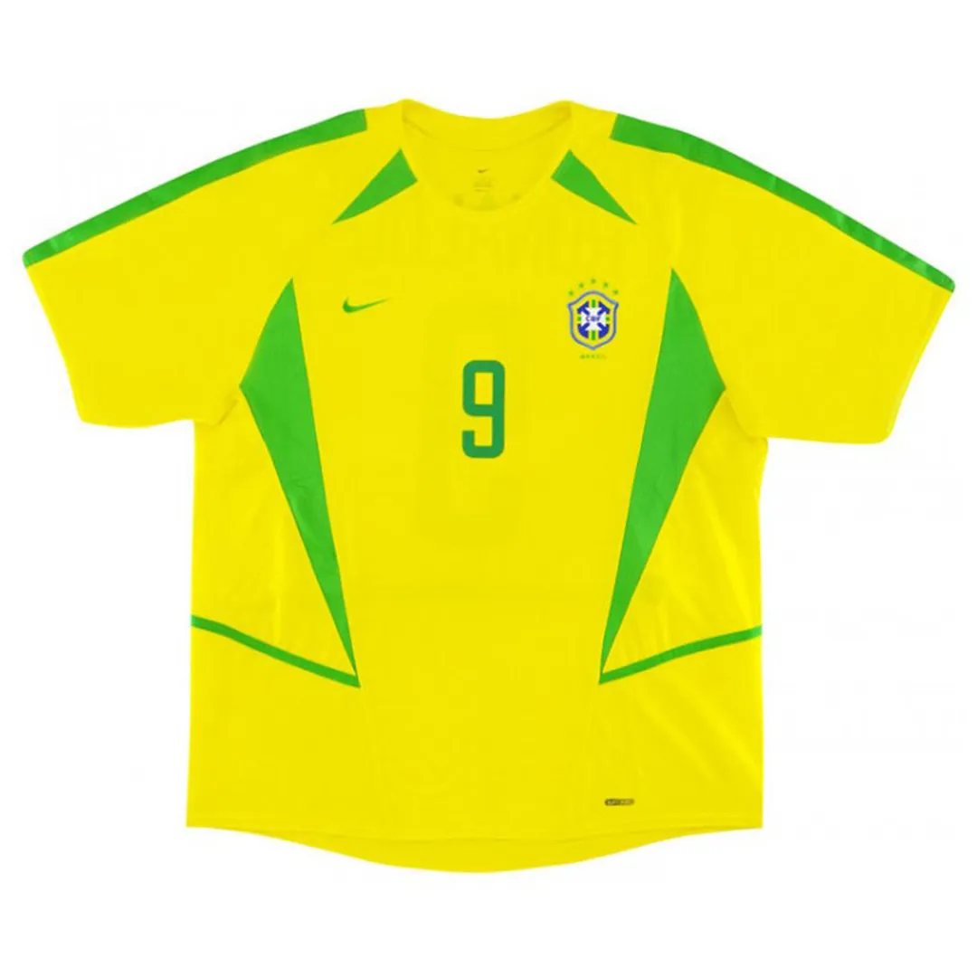 Brazil 2002 World Cup Home Shirt – Ronaldo 9 in yellow, green view 2