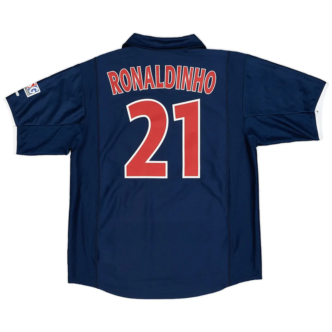 PSG 2001-02 Home Shirt – Ronaldinho 21 in navy, red