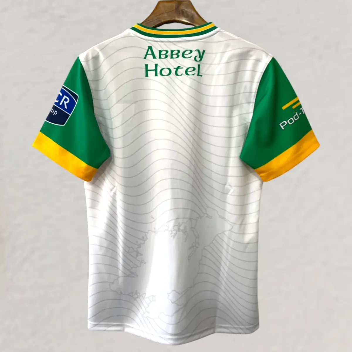 Donegal GAA 2024-25 Away Jersey in white, green, amber view 2