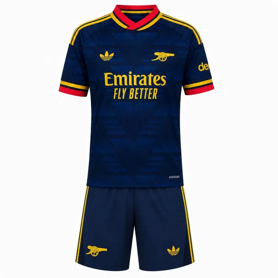 Arsenal 2026-27 Away Kids Kit in navy, yellow, red
