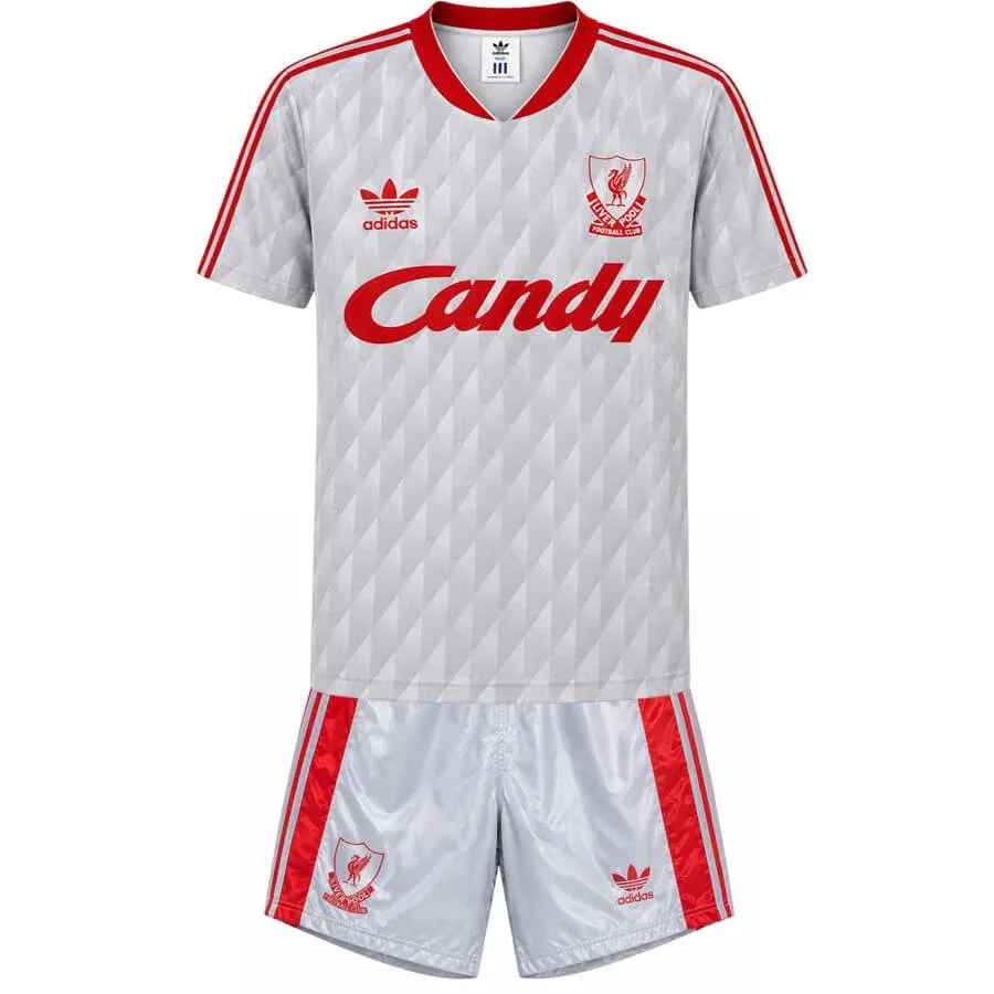Liverpool 1989-91 Away Kids Kit in silver, red