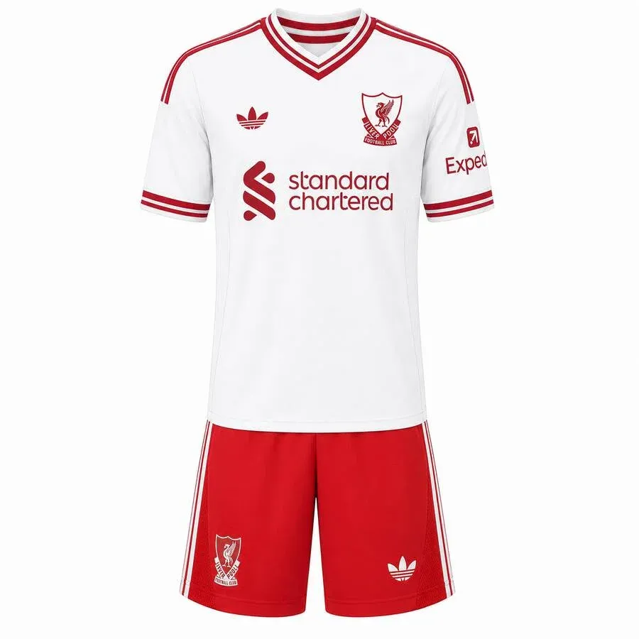 Liverpool 2026-27 Away Kids Kit in white, red