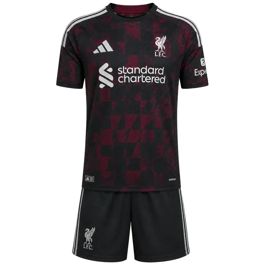 Liverpool 2026-27 Third Kids Kit in black, maroon, silver