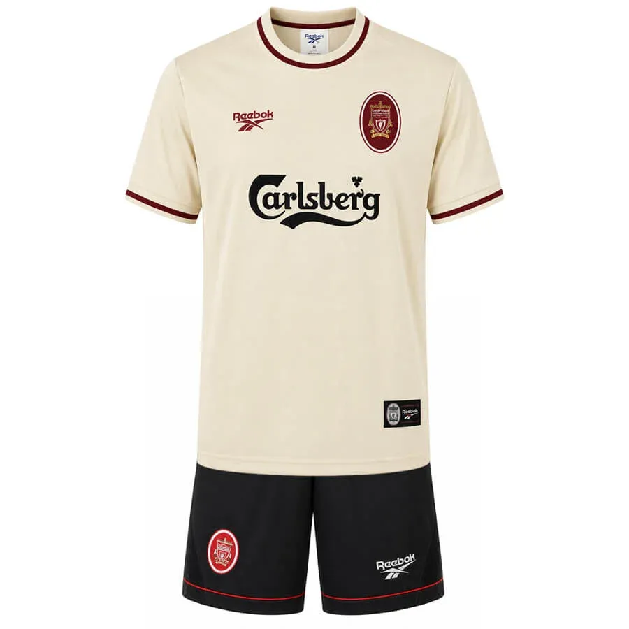Liverpool 1996-97 Away Kids Kit in ecru, maroon, black