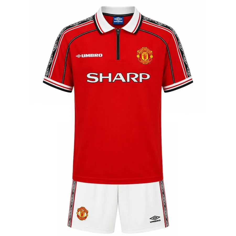 Manchester United 1998-99 Treble Home Kids Kit in red, white, black