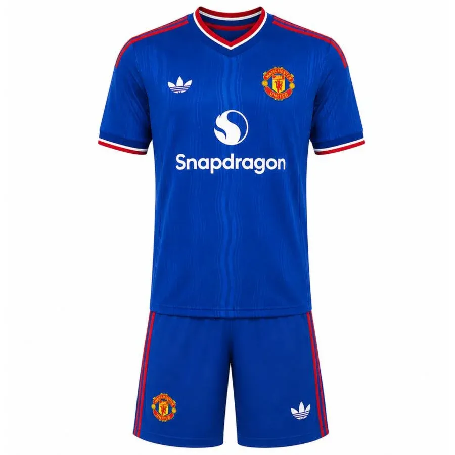 Manchester United 2026-27 Away Kids Kit in royal blue, red, white