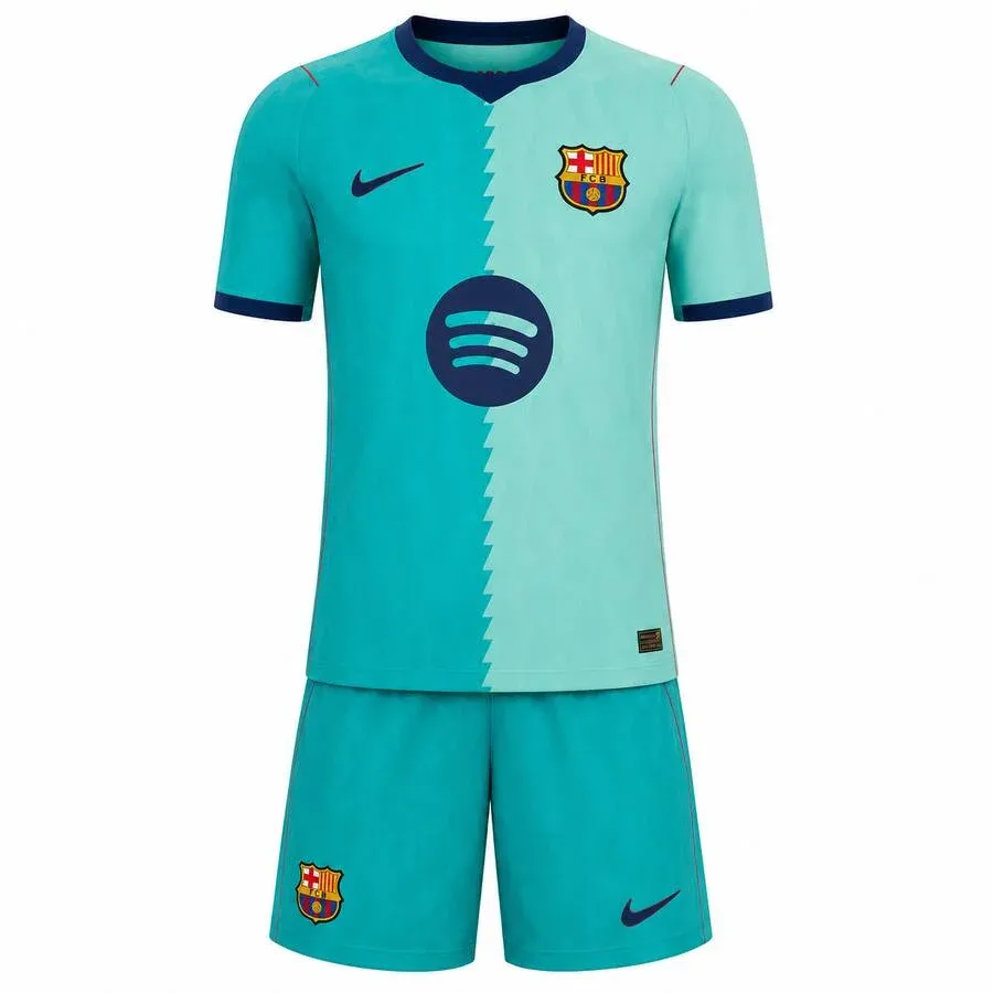 Barcelona 2026-27 Third Kids Kit in turquoise, mint, navy