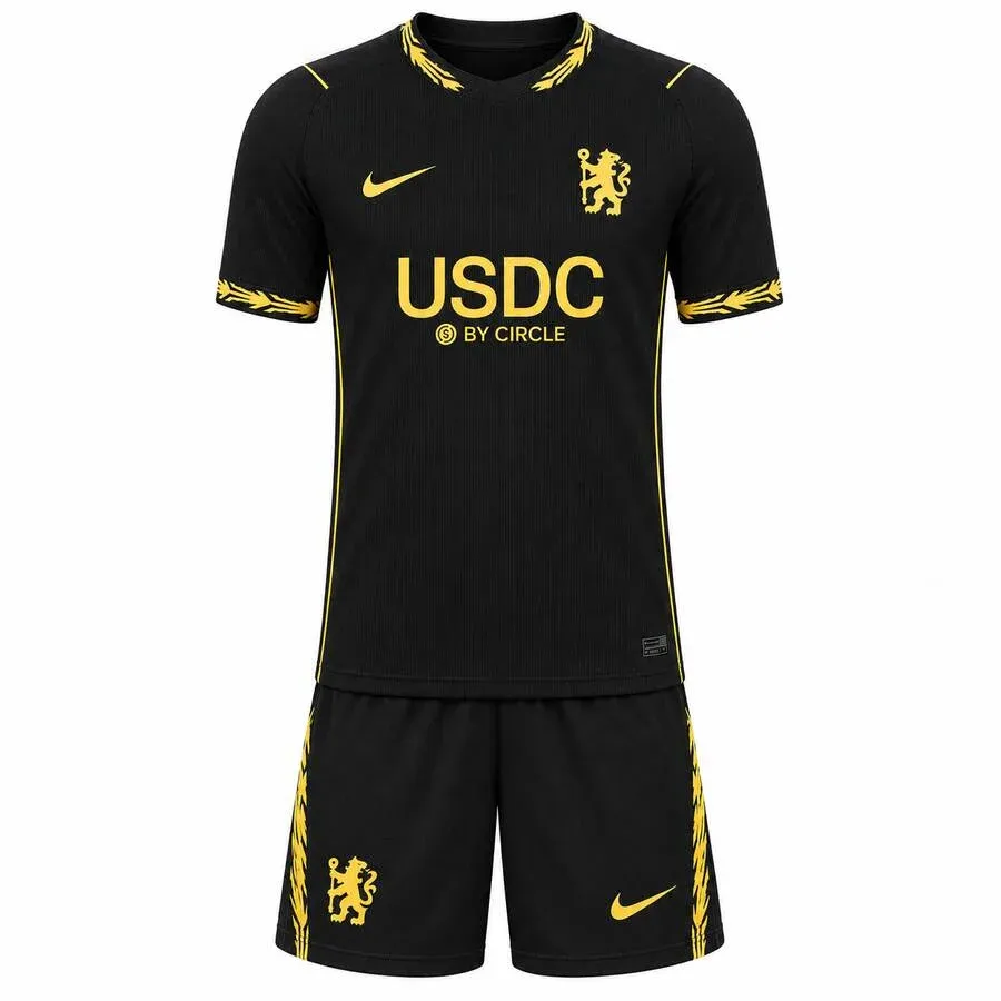Chelsea 2026-27 Away Kids Kit in black, gold