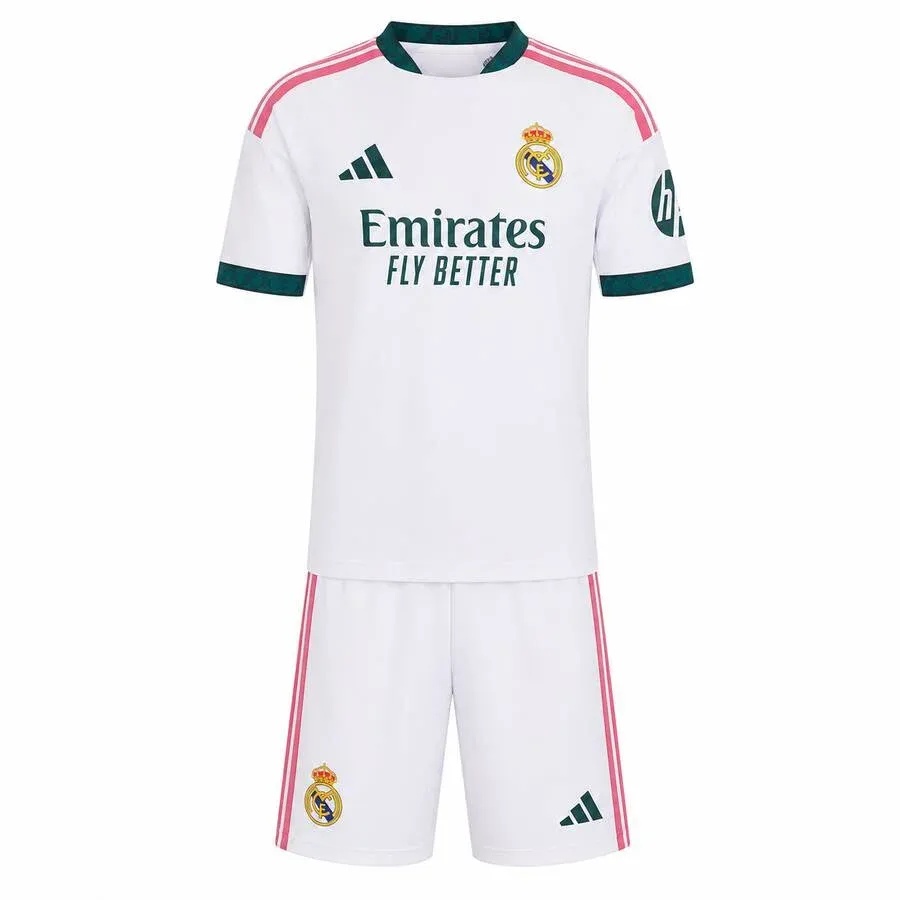 Real Madrid 2026-27 Home Kids Kit in white, green, pink