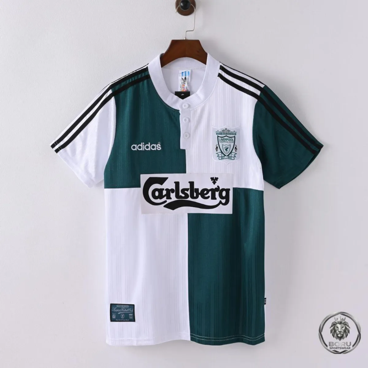 Liverpool 1995-96 Away Shirt in green, white, black