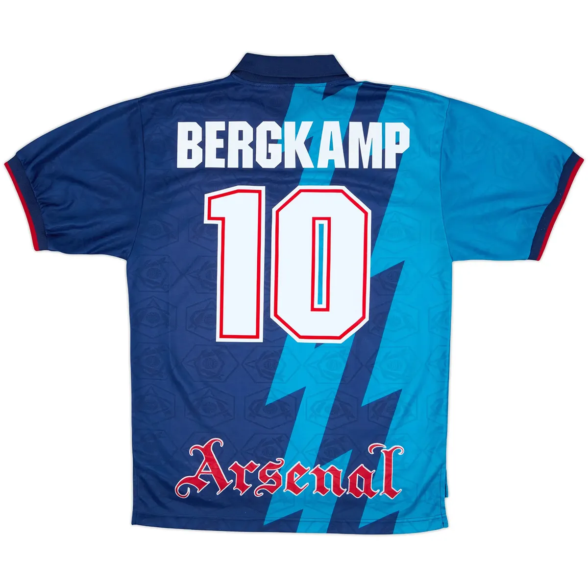 Arsenal 1995-96 Away Shirt – Bergkamp 10 in navy, light blue, red